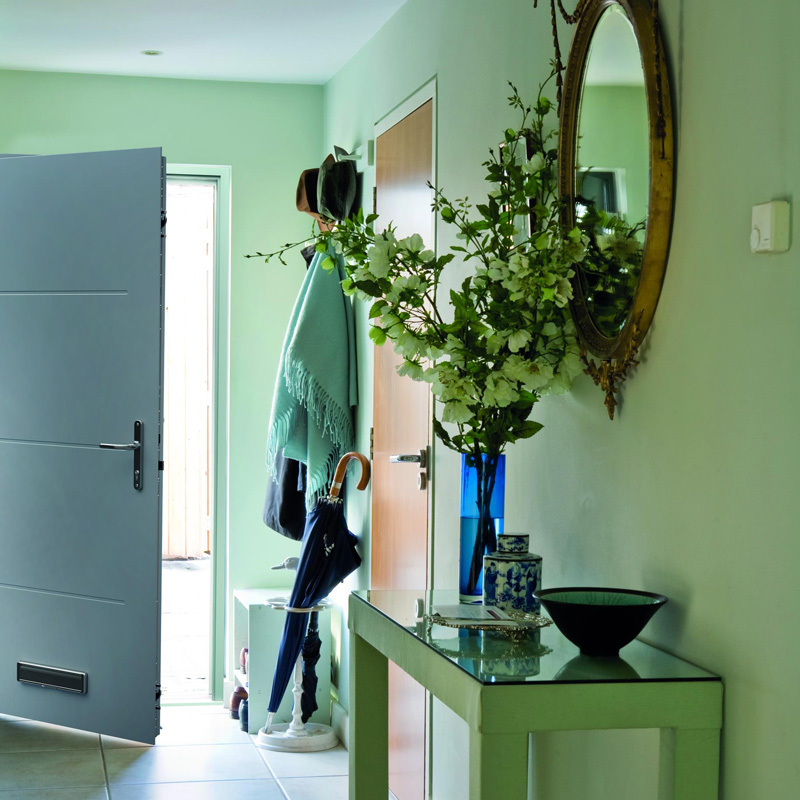 blue signature door in green house